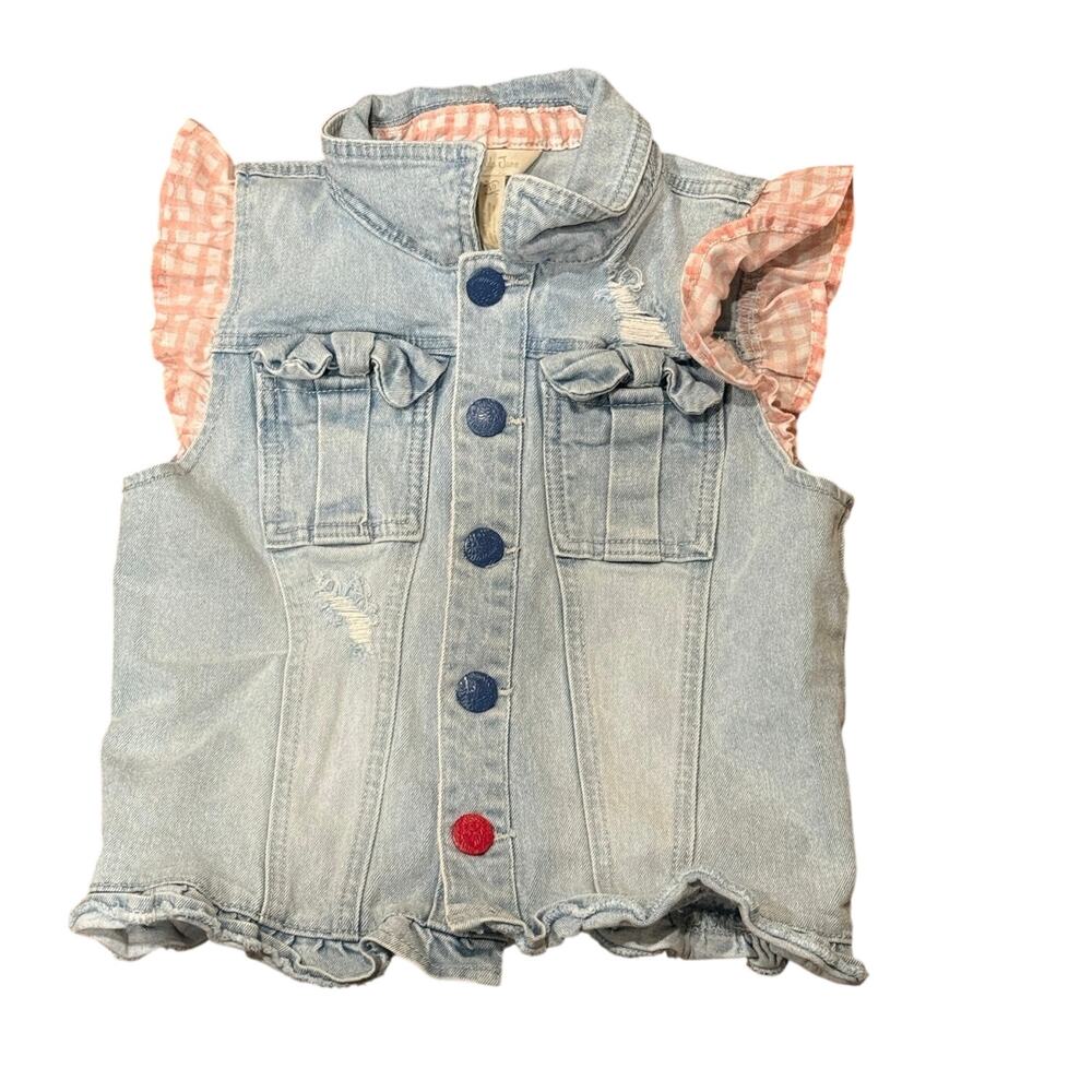 Matilda Jane Girls Genius Denim Vest Size 10 Gingham Ruffle Bow Detail - Picture 7 of 7